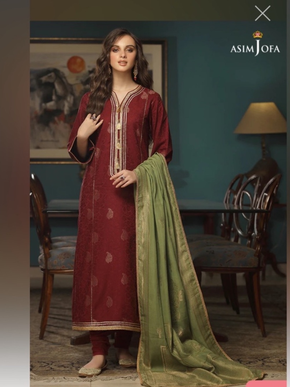 Asim Jofa Maroon Embroidered Lawn Suit with Olive Green Dupatta